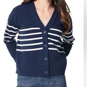 Spanx AirEssentials Cardigan XL Midnight Navy Porcelain Stripe New Soft V-Neck